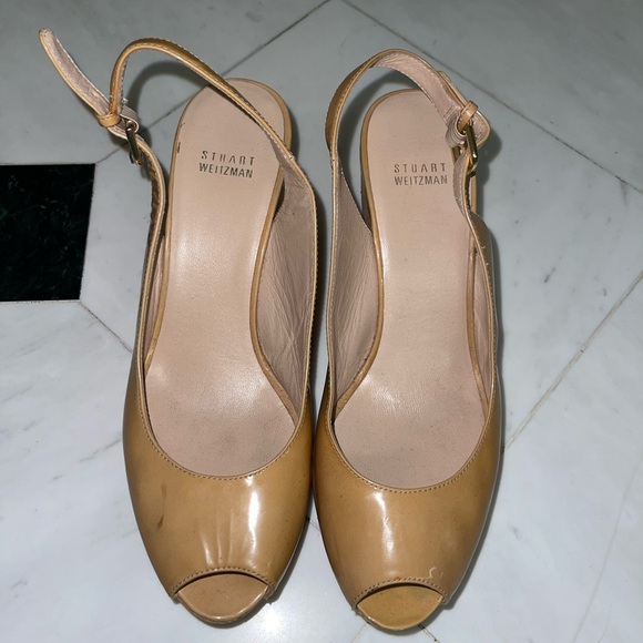 Stuart Weitzman Adobe Jean Patent Leather Peep Toe Wedge Slingback Sandal 10 - Picture 2 of 9